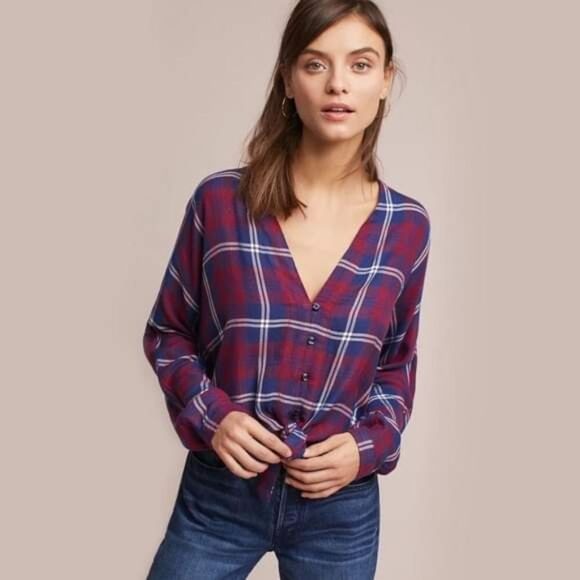 Rails Red And Blue Sloan Cropped Plaid Flannel Fall Button Down Size Medium - Picture 1 of 3